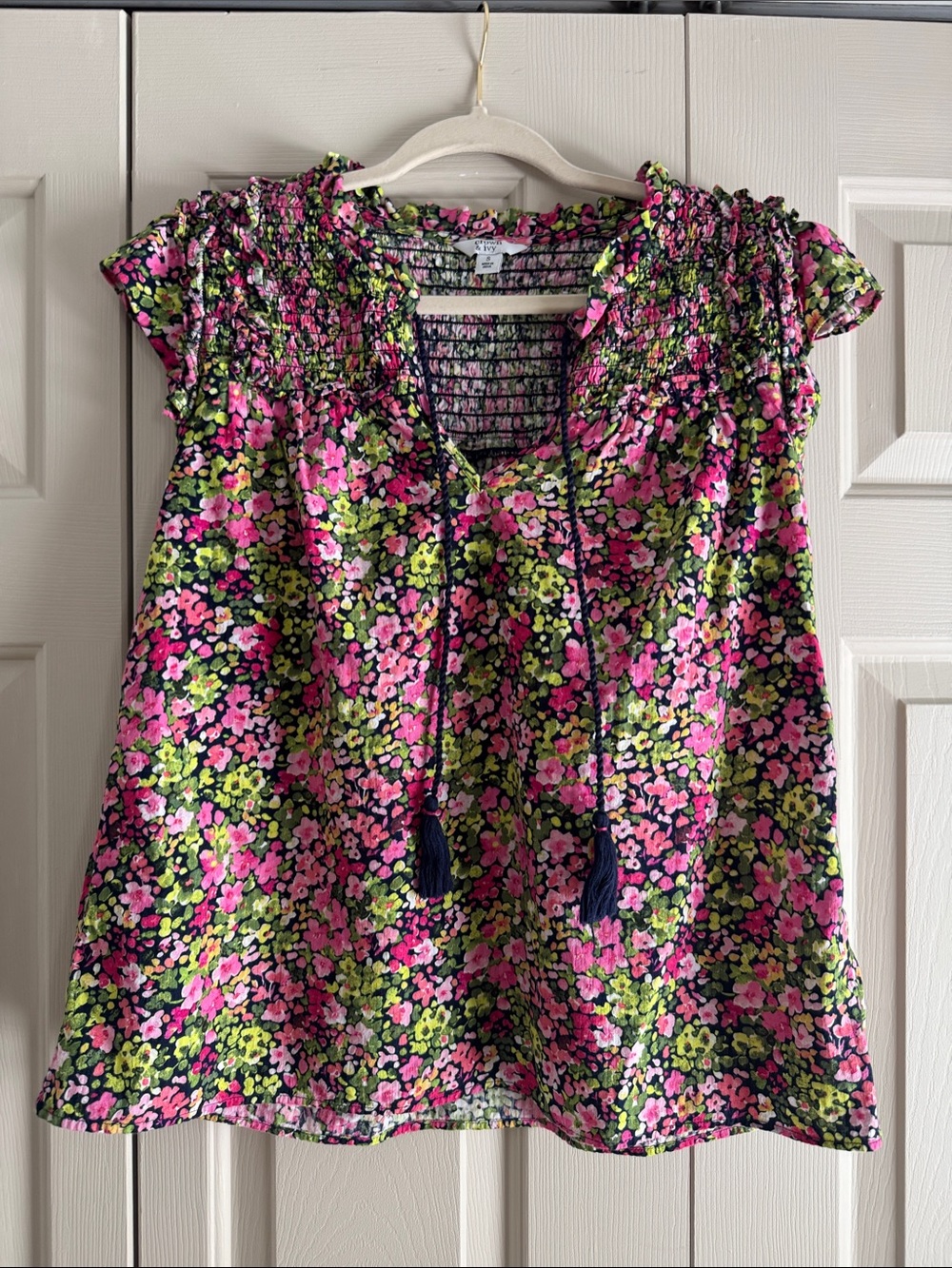 Crown and Ivy Floral Smocked Cap-Sleeve Peasant Top - Pink & Green